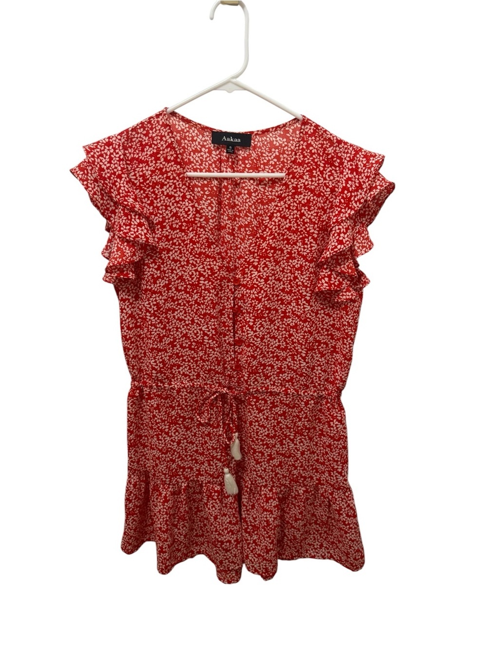 Aakaa Red Floral Tassel Tie Romper Size Small